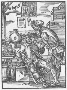Check out that cauldron in the back and the string of teeth. Dentists were certainly regarded in alchemical and magical affairs back in the day. From Jost Amman's "Book of Trades."
